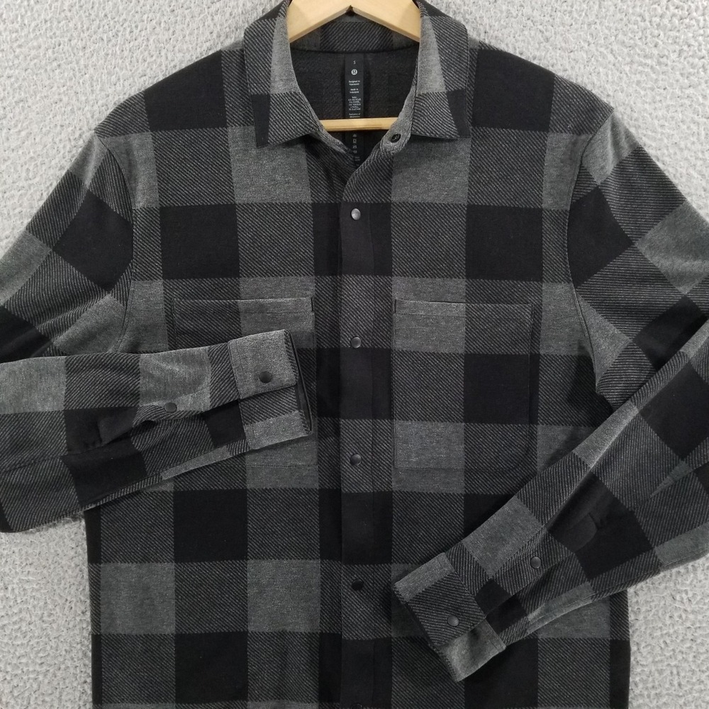 Lululemon Shirt Mens Small Black Gray Soft Knit Overshirt Flannel Plaid Snap